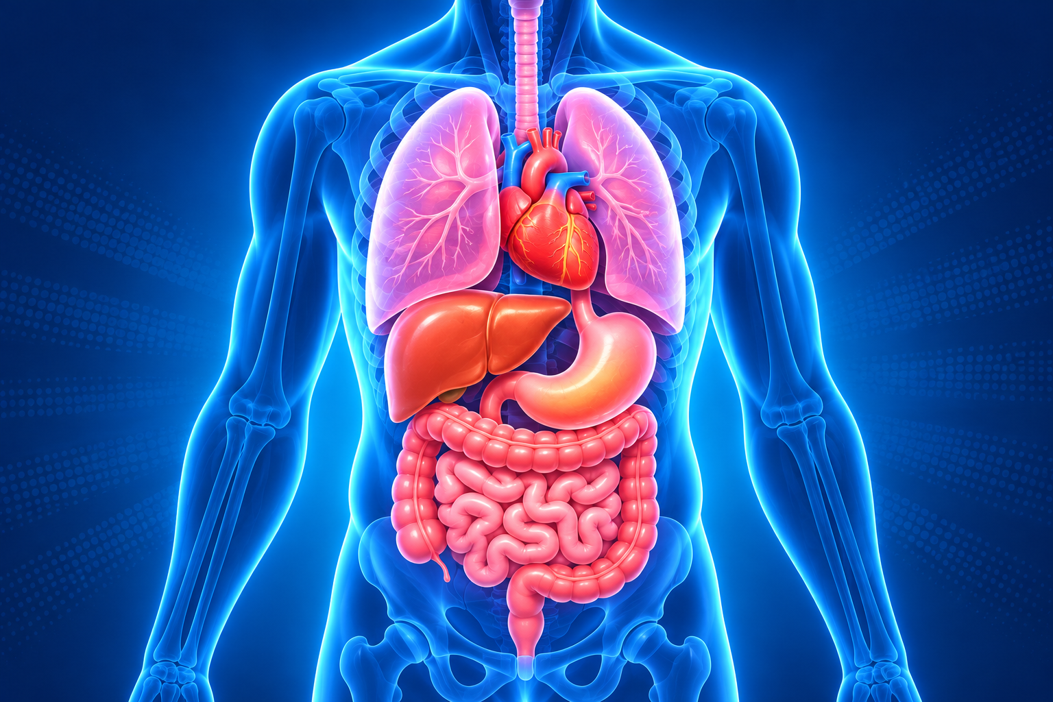 Colorful, simplified illustration of organs inside a translucent blue torso